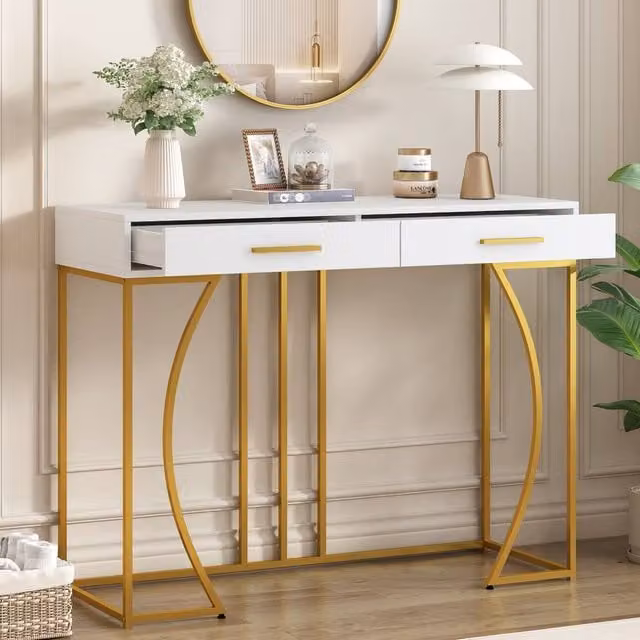 Merax White and Gold Console Table with 2 Drawers, W: 110 cm, D: 32 cm, H: 85 cm – 1