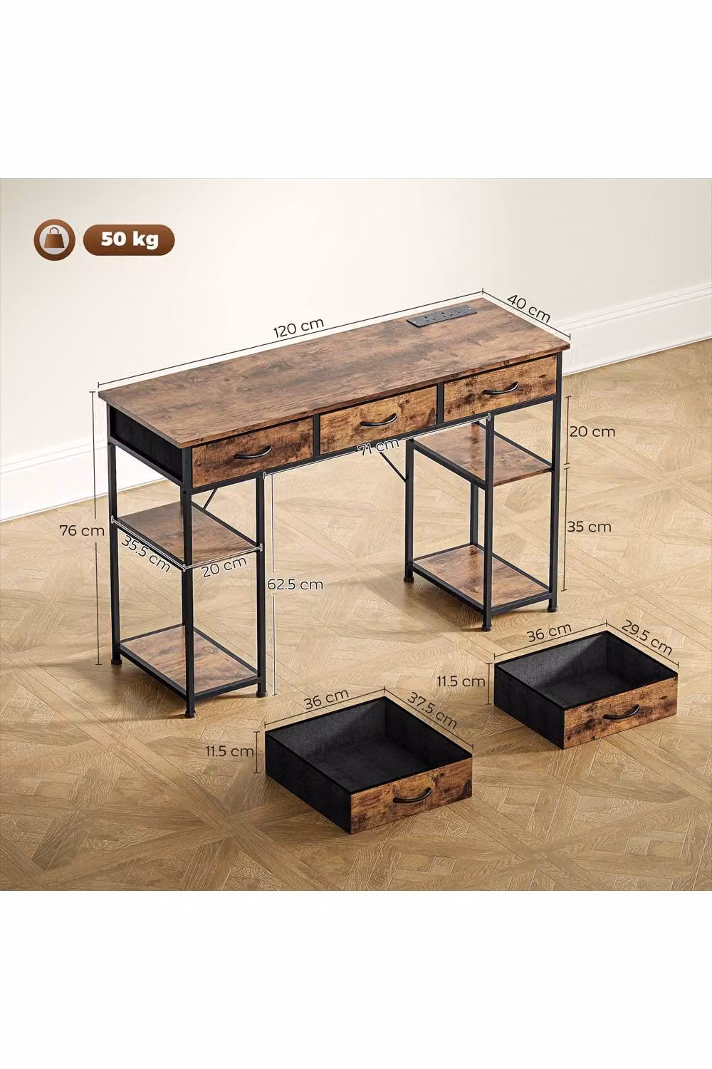 ERGOVEXA Modern Computer Desk in Brown with Power Outlets, W: 120 cm, D: 40 cm, H: 76 cm – 2