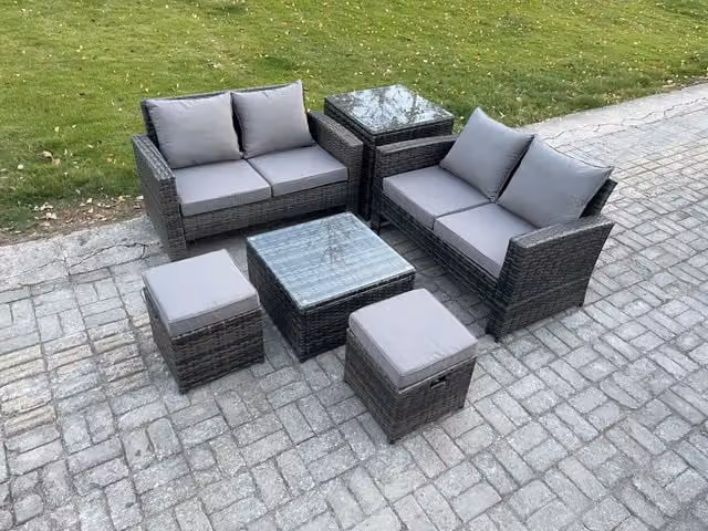 Fimous 6 Piece Grey Rattan Garden Furniture Set with 2 Double Seat Sofas, Coffee Table and 2 Footstools