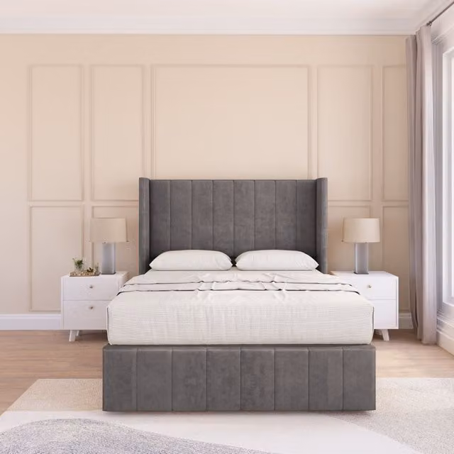 Sloomy Melbourne Naples Wingback Bed Set with Floor Standing Headboard in Dark Grey, Super King