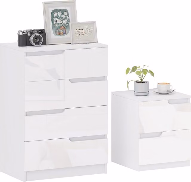 HOMCOM Modern High Gloss Chest of Drawers and Bedside Table in White