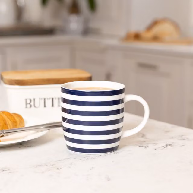 KitchenCraft Set of 4 Blue Striped Ceramic Nautical Mugs