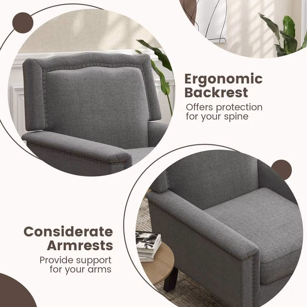 Gymax Set of 2 Grey Linen Upholstered Living Room Tub Chairs with Armrests – 4