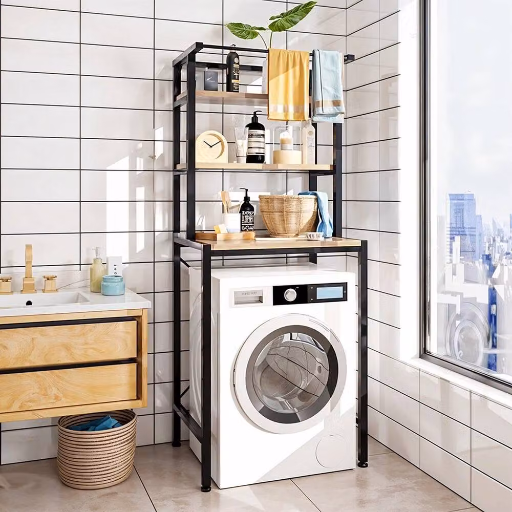 VOGREX Black 3-Tier Wood and Metal Freestanding Over Washer Rack with Adjustable Shelves and Hanging Rod – 3