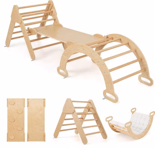 Costway 3-in-1 Modular Kids Climbing Frame with Slide in Natural Wood Brown and Beige