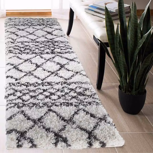 Desire Rugs Moroccan Berber Shaggy Runner with Mixed Diamond Design in Cream and White, W: 60 cm x L: 220 cm