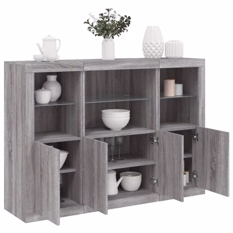 Berkfield Home Set of 3 Grey Sonoma Sideboards with Integrated LED Lighting and Glass Details