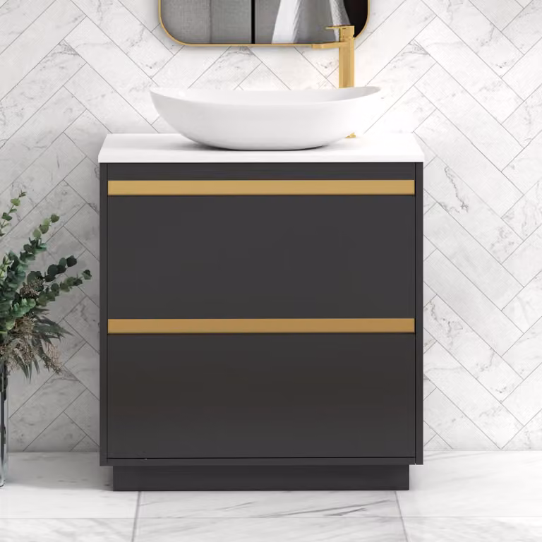 Royal Bathrooms Orion 800mm Matt Obsidian Black Floor Standing 2 Drawer Vanity Unit with Plain White Countertop, Cesar Basin and Brushed Brass Accent Trim