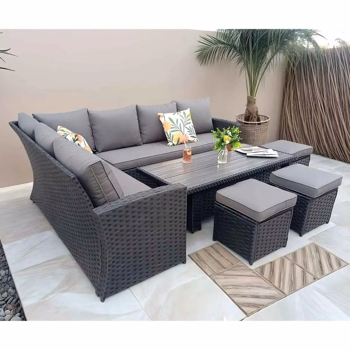 Furniture Maxi Rosen 9 Seater Rattan Garden Dining Set with Lift-Up Table and 3 Stools in Black – 4
