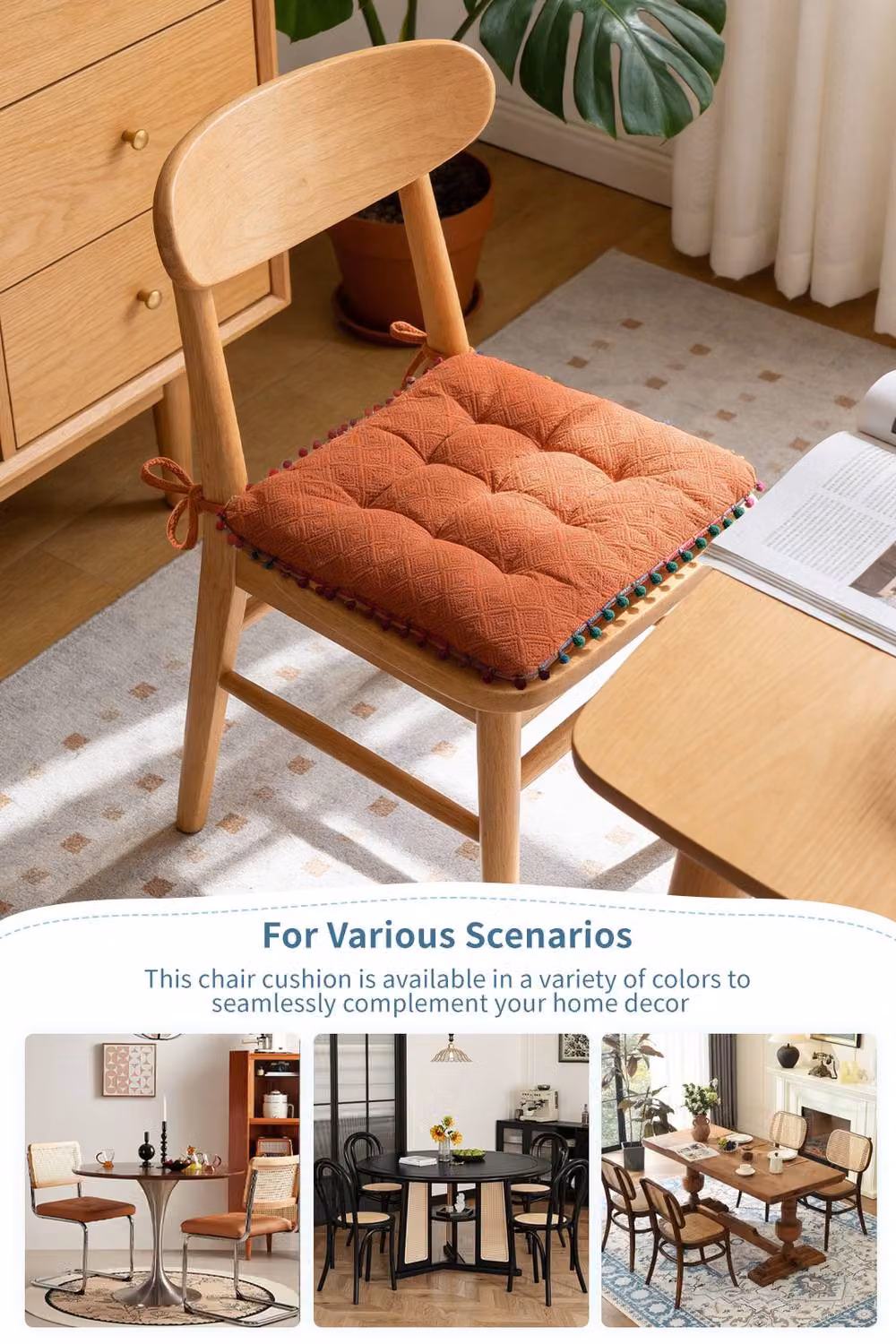 Living and Home Bohemian Style Quilted Square Chair Cushion with Tassels in Orange, W/D/H: 40 x 40 x 40 cm – 4