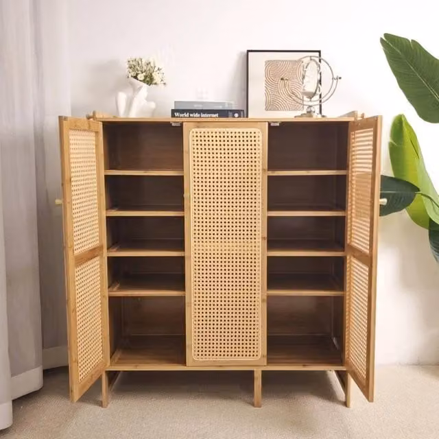 EONLION Tall Brown Rattan Shoe Cabinet with 3 Hinged Doors and Internal Shelves – 1