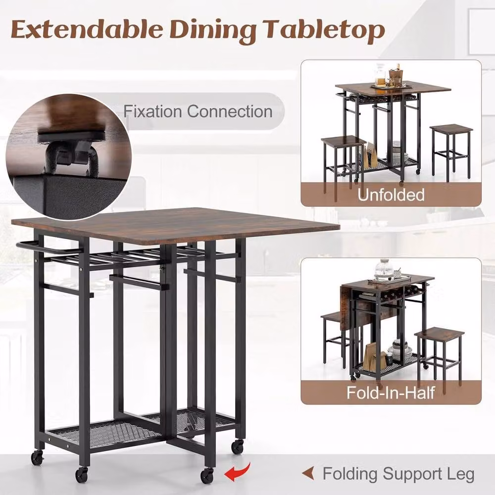 VOGREX 3-Piece Extendable Dining Table and Chairs Set in Walnut and Brown – 5