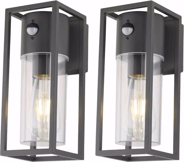First Choice Lighting Hale Set of 2 Black Motion Sensor Outdoor Wall Lights with Timer and LED Metal and Glass Construction – 1