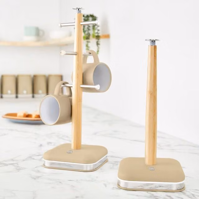 Swan Nordic Freestanding Bamboo Towel Pole and Mug Tree in Pink and Beige