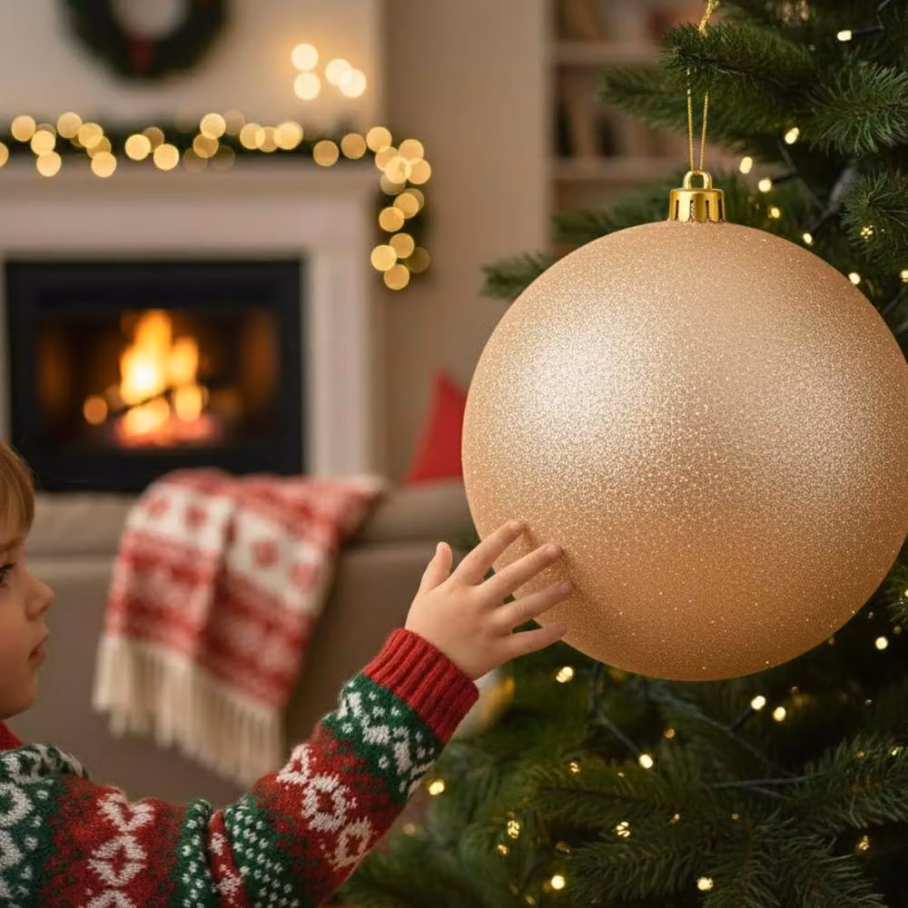 Shatchi 25cm Round Glitter Christmas Bauble in Champagne Gold – 6