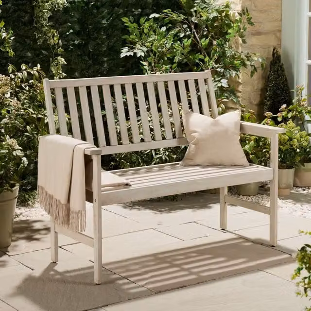 VonHaus Murcia 2 Seater Acacia Wood Garden Bench in Light Grey, W: 120 cm, D: 58 cm, H: 90.5 cm