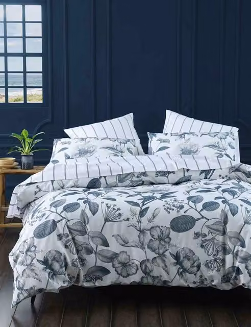 MM Linen Botanical Bluestone Bedding Set, White Mix, 100% Pure Cotton, 200 x 200 cm