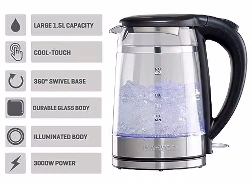 Daewoo 1.5 l Glass Cool Touch Kettle in Silver and Transparent with Auto Shut-Off – 3