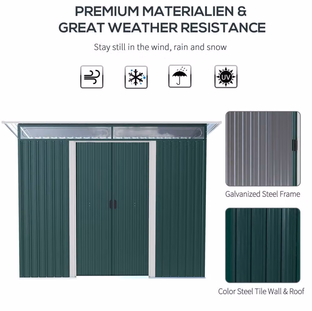 STILVORA Green Steel Pent Garden Shed with Sliding Doors and Window, W/D/H: 260 x 200 x 133 cm – 6