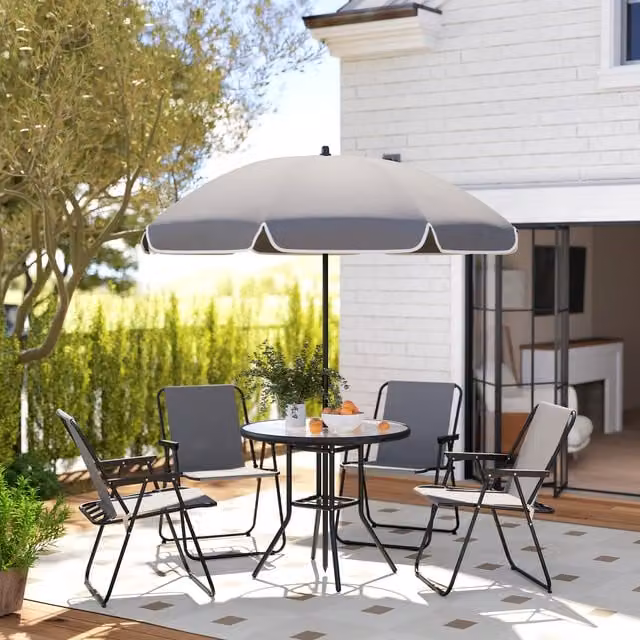 Outsunny Modern Grey Garden Dining Set with Round Glass Table and Parasol