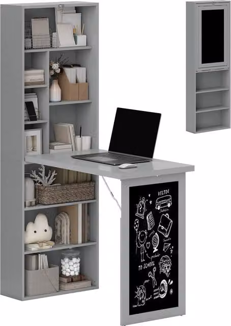HOMCOM Grey Fold-out Convertible Secretary Writing Desk with Blackboard and Side Shelf, Wall Mount Home Office Workstation