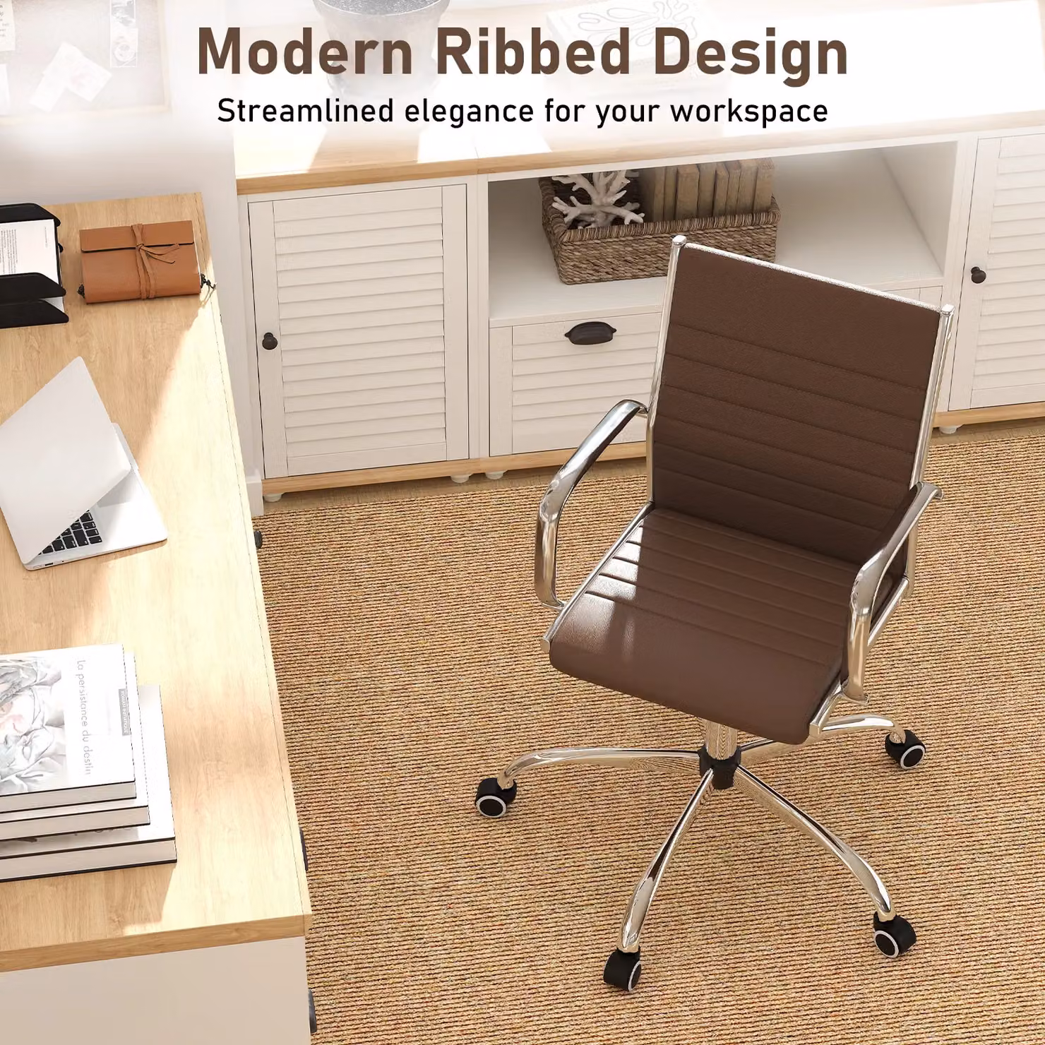 Costway Brown Synthetic Leather Swivel Office Chair with Armrests and Castors – 8