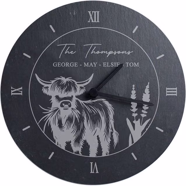 Personalised Memento Company Personalised Highland Cow Slate Wall Clock in Black – 1