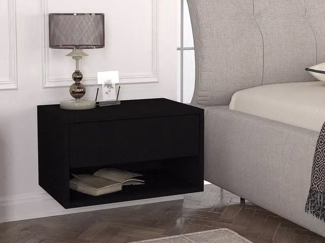 Vente-unique Black Wall-Mounted Bedside Table with 1 Drawer and 1 Open Compartment, W: 40 cm, D: 15 cm, H: 35 cm – 1