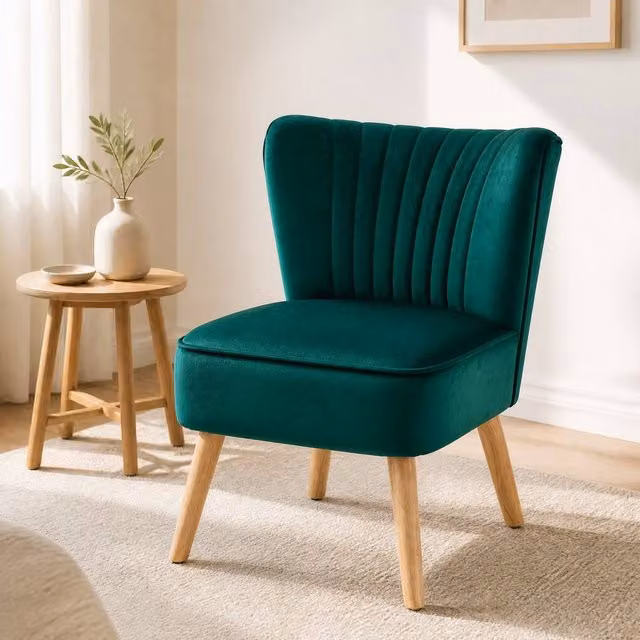 STILVORA Mid-Century Green Velvet Tub Occasional Chair with Solid Rubberwood Frame and Armrests – 1