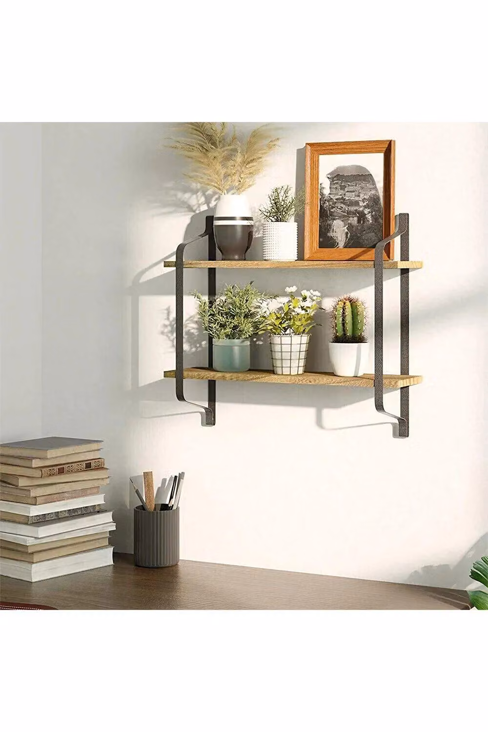 H&O Direct Industrial 2-Tier Floating Wall Shelves in Brown – 2