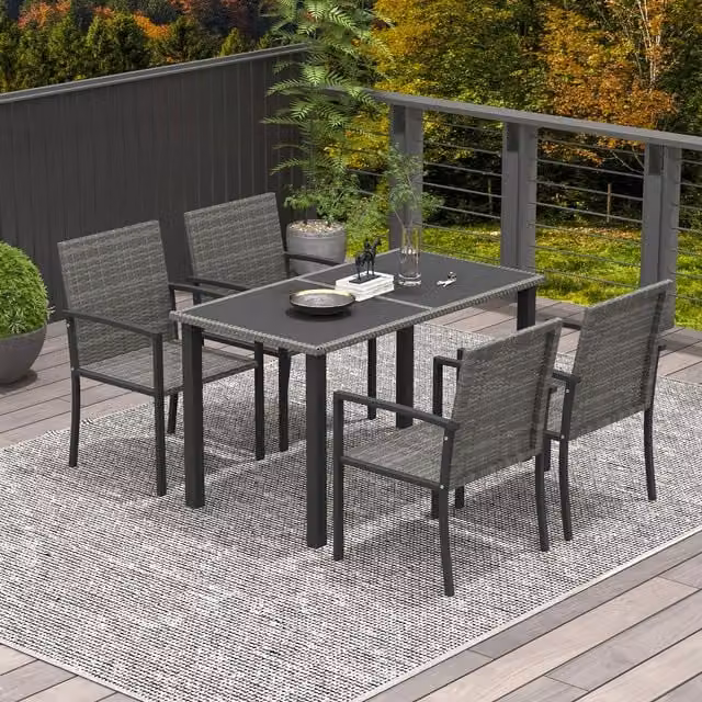 Outsunny 5 Piece Grey Rattan Garden Furniture Set with Glass Top Table