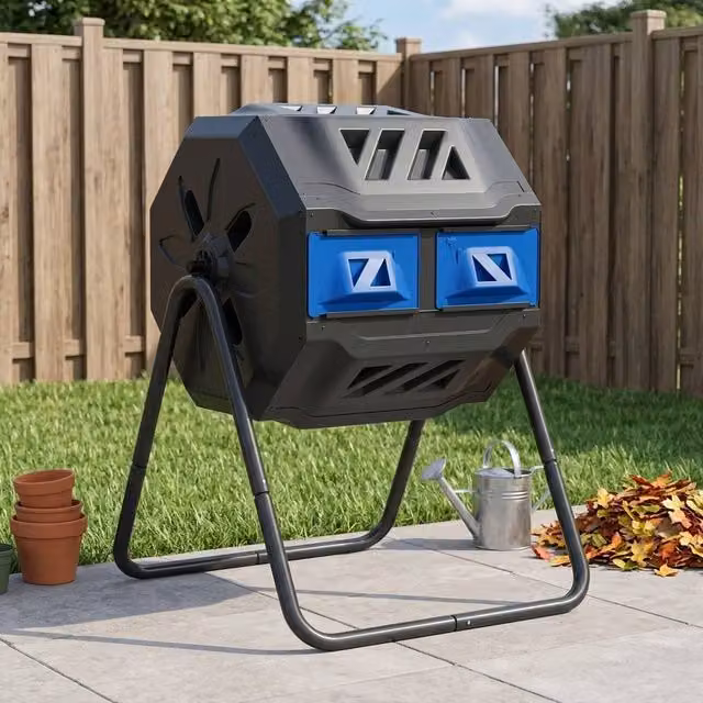 STILVORA 160L Rotating Dual Chamber Compost Bin in Black, W/D/H: 120 x 65 x 96 cm