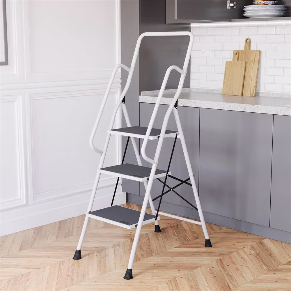 PAWNORA 3 Step Folding Portable Compact Aluminium Step Ladder with Handrail in White – 5