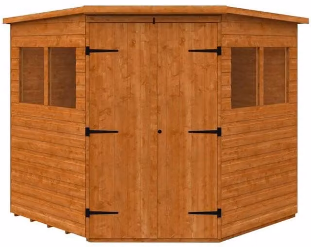 Buttercup Farm Rustic Corner Shed in Orange and Grey with Double Doors and Window – 1