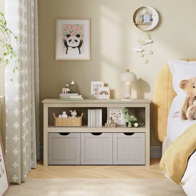 VASAGLE Kids Storage Cabinet with Wheels and Bins in Light Khaki