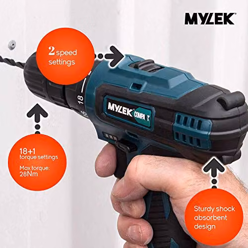 Mylek 18V Cordless Drill Driver with 131 Piece Accessory Kit and Rechargeable Battery, Blue and Black – 6