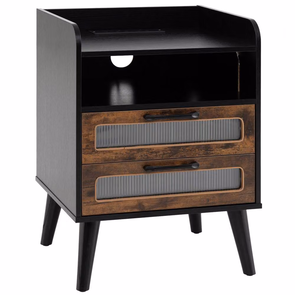 Costway Modern Black Bedside Table with Integrated Lighting and Metal Accents – 2