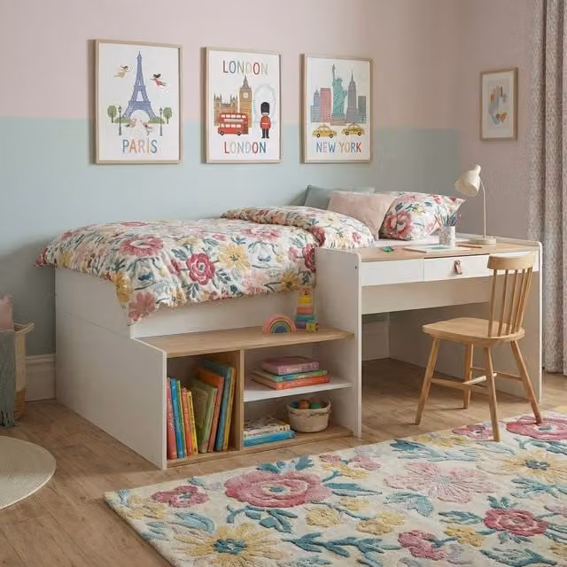 Noa and Nani Saku Midsleeper Kids Bed in White with Desk, Storage Stairs and Shelves