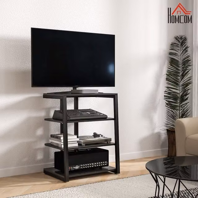 HOMCOM Black Corner TV Unit with Open Shelves and Extension Lead Holder