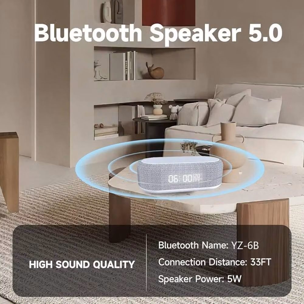 NESTLUNE 6-in-1 Digital Alarm Clock and Bluetooth Speaker with 15W Output, Grey, W: 100 cm, H: 15 cm – 6