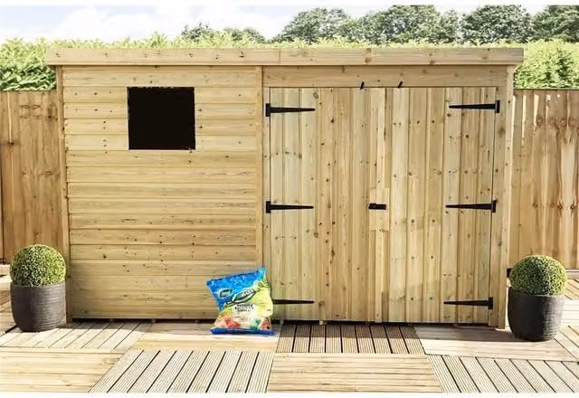 Marlborough Pressure Treated Pent Garden Shed with Double Doors in Natural Brown – 1