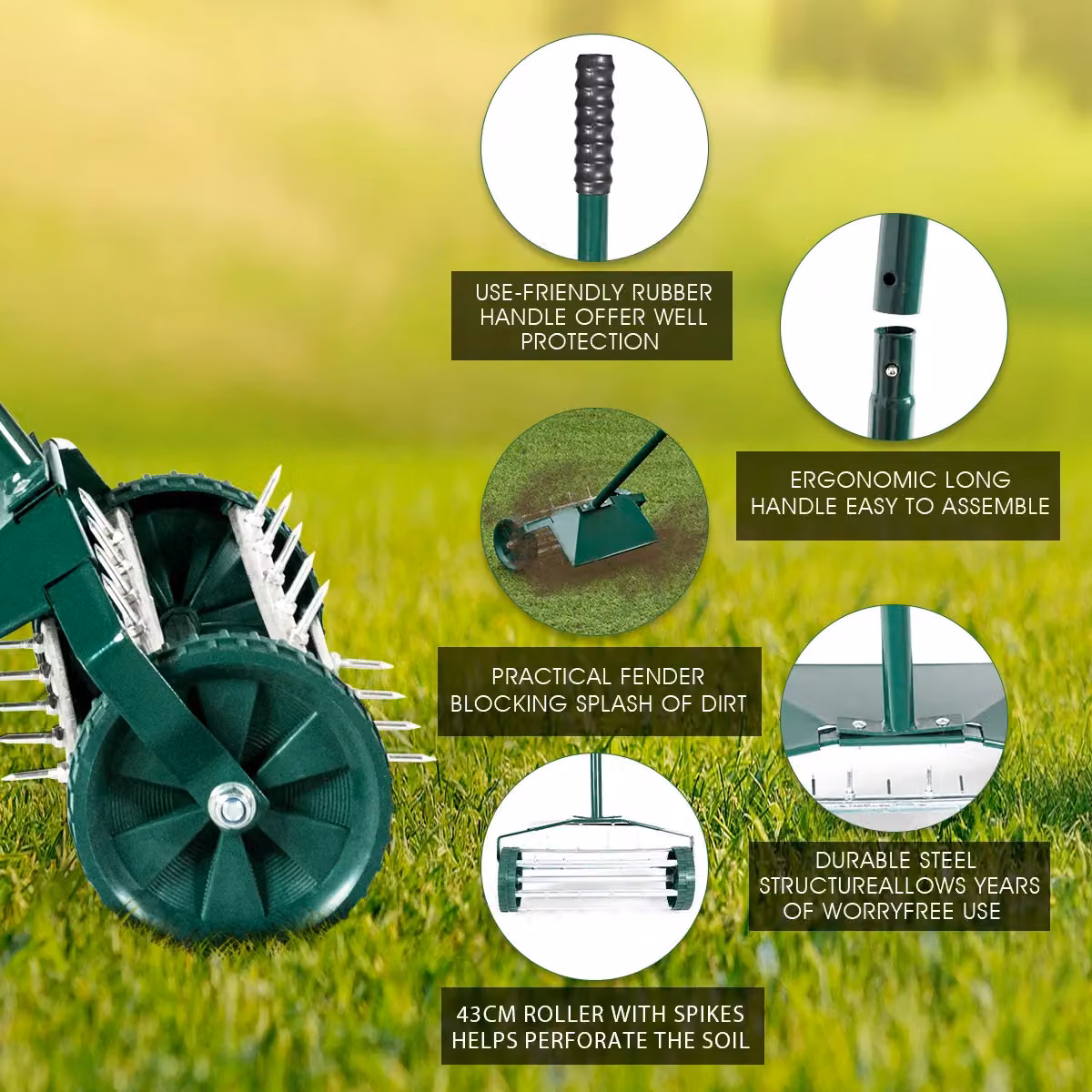 Costway Rolling Garden Lawn Aerator Roller with Rotary Push Tine Spike Tool in Green – 4