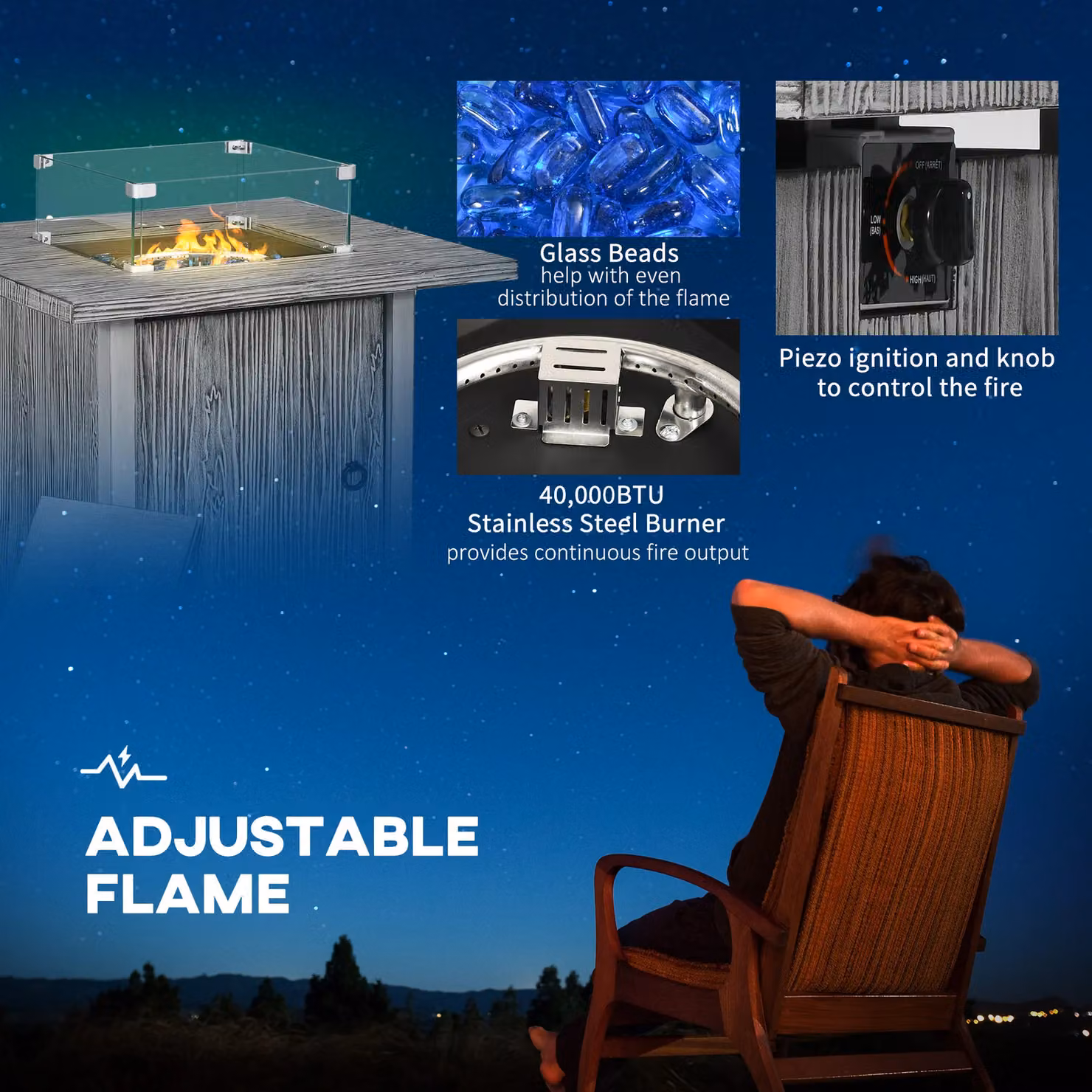 OUTSUNNY Grey Propane Gas Fire Pit Table with Cover and Glass Top, W/D/H: 71.0 x 62.5 x 71.0 cm – 4
