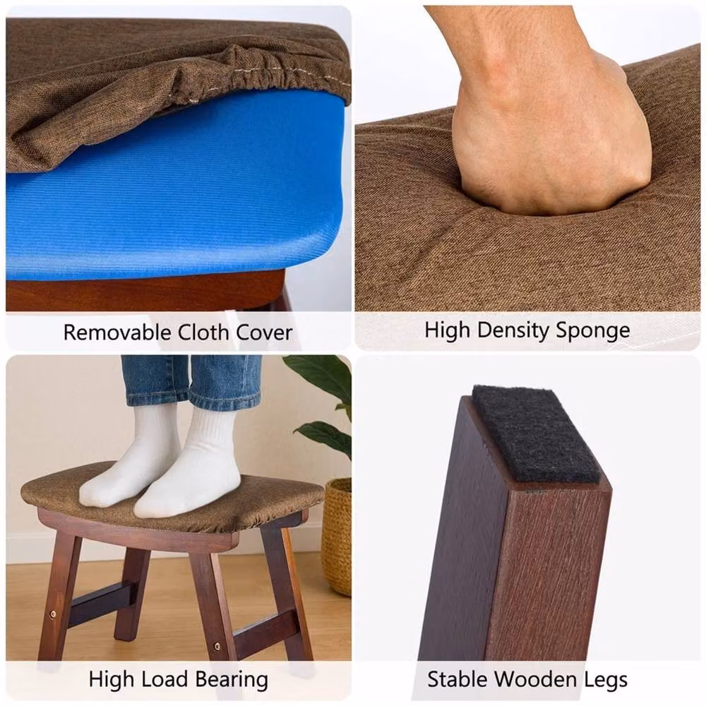 VOGREX Brown Wooden Rectangular Footstool Ottoman with Removable Fabric Cover for Living Room, Bedroom or Hallway – 6