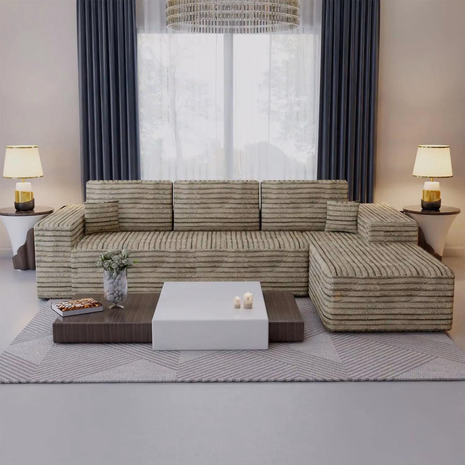 Sliding Wardrobes 4U Smart Right Corner L-Shape Sofa in Brown Fabric with Scatter Cushions – 2
