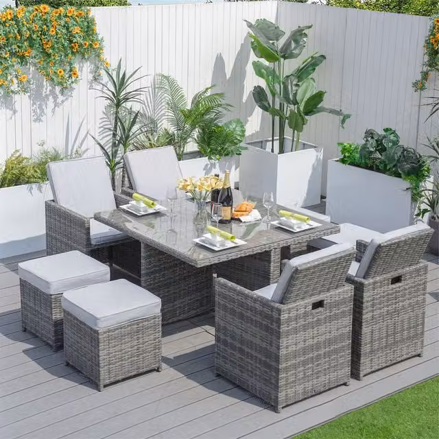 Abrihome 8-Person Grey Aluminum Rattan Dining Set with Glass Table, 4 Chairs and 4 Stools