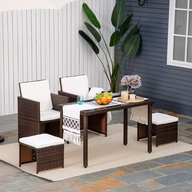 Outsunny 5 Piece Brown Rattan Wicker Weave Garden Sofa Set with Cushions and Footrest – 1