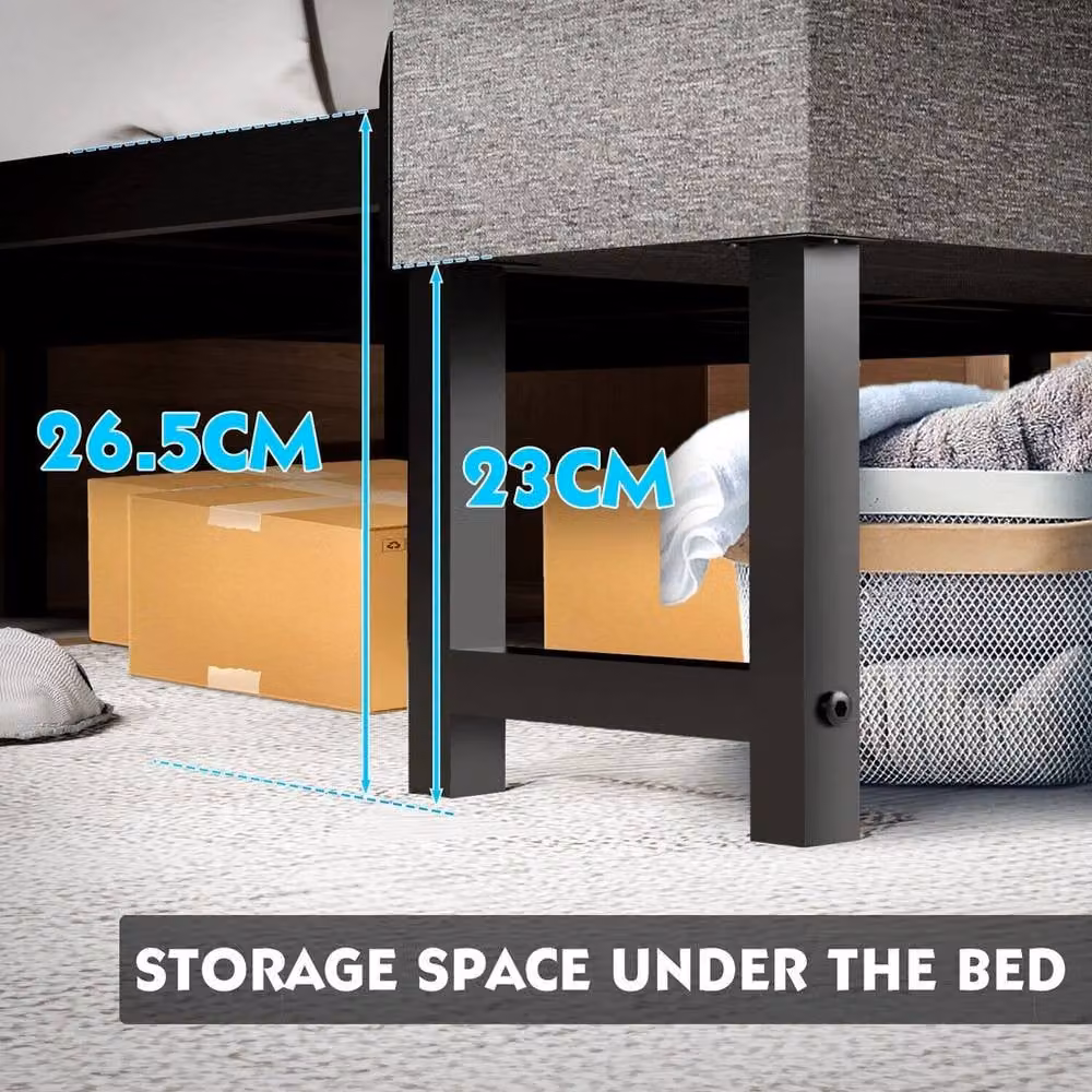 FORGEVIO Grey Fabric Upholstered Bed Frame Set with Bedside Shelves and Side Compartments, W/D/H: 140 x 200 cm – 3