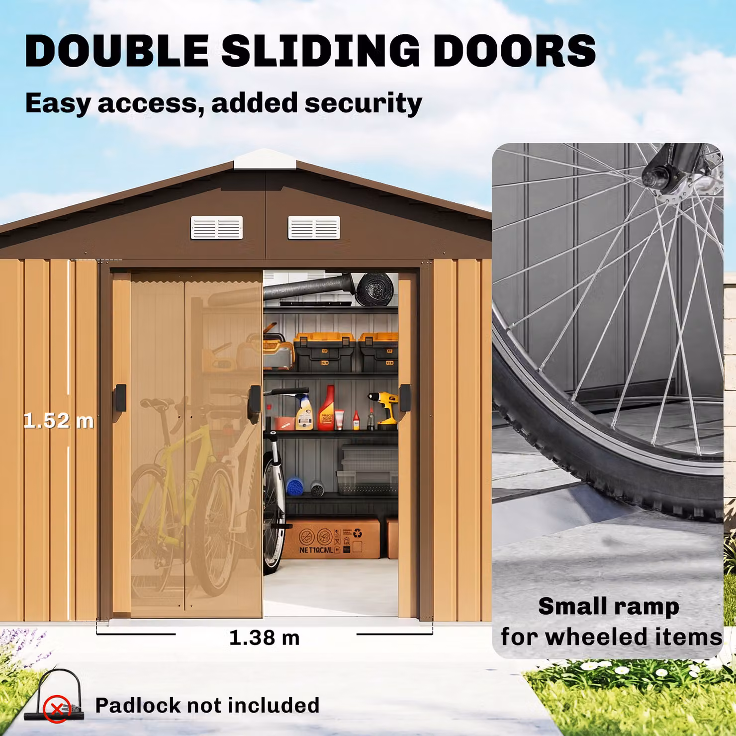 Outsunny Metal Garden Shed with Pent Roof and Sliding Doors, Light Brown, W: 396.24 cm, D: 374.0 cm, H: 21f15e41-8ffe-42fb-84ad-0e7c1b597963 cm – 4