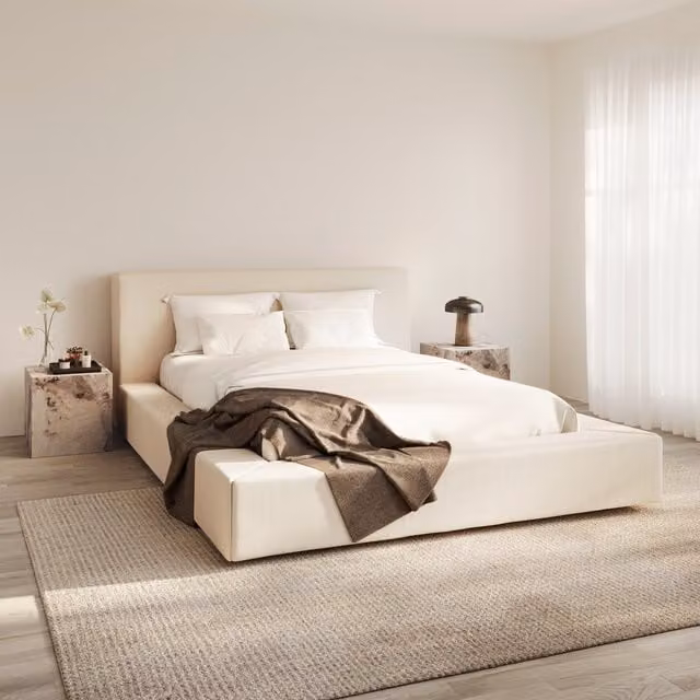LPD Home Soho Upholstered Double Bed in White and Beige Fabric, 140 x 200 cm